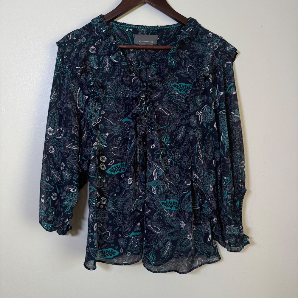 Anthropologie Ruffle Tie-Neck‎ Floral Chiffon Blouse Size Medium Navy Teal